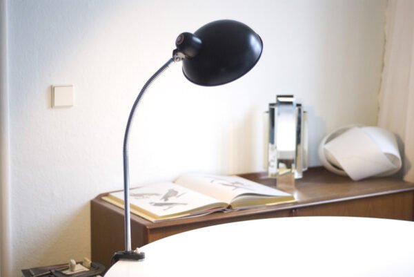 Helo table lamp with wide shade and gooseneck