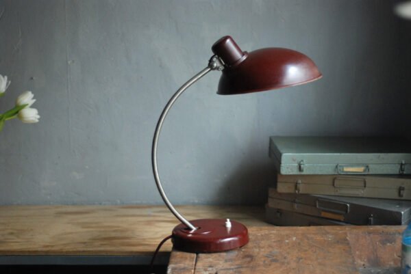 Red Helion lamp with wide shade,